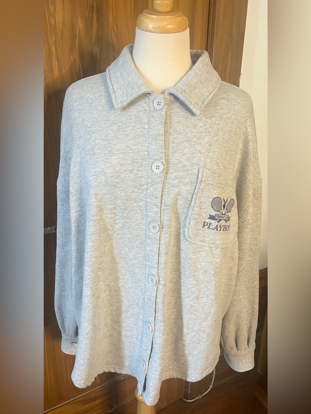 Unisex PLAYBOY Gray Tennis Club Pocket Shacket with Navy Embroidery